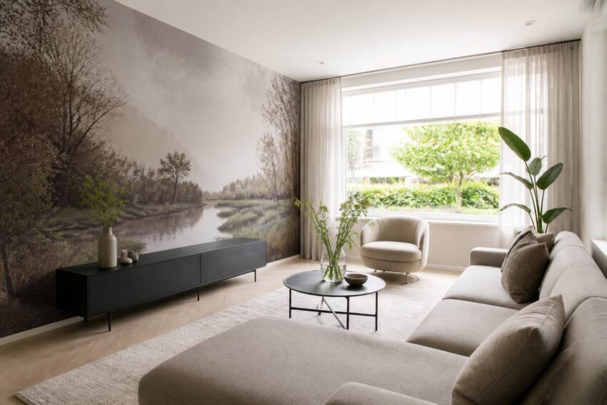 Woonkamer met rustig fotobehang op een accentmuur