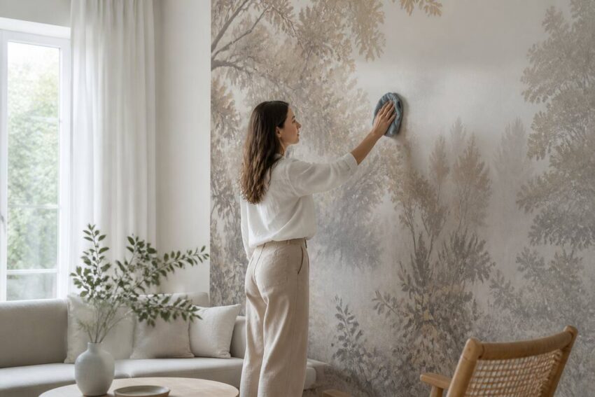 Fotobehang voorzichtig schoonmaken met een zachte doek in een lichte woonkamer