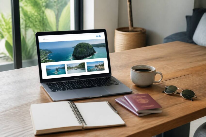 Laptop en reisnotities op tafel tijdens het vergelijken van vakanties