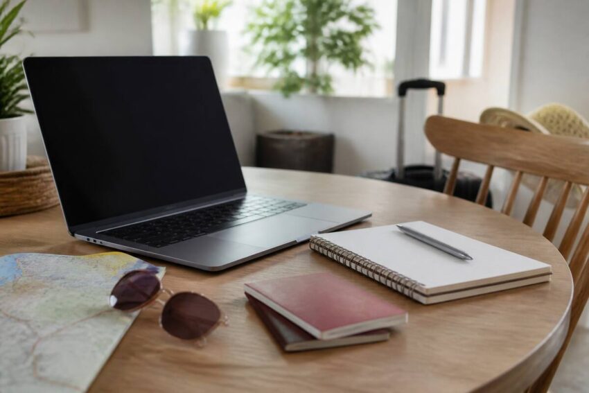 Reiziger vergelijkt vakanties aan tafel met laptop en reisdocumenten