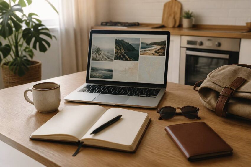 Notitieboek en laptop op tafel tijdens het plannen van een vakantie