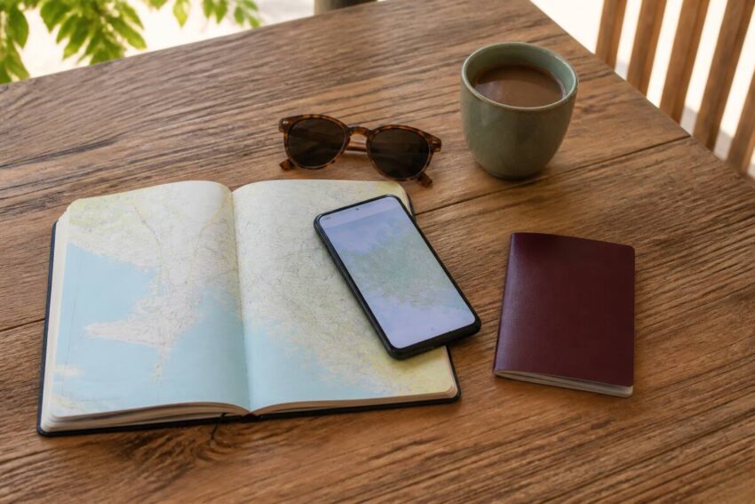 Reisplanning op tafel met notitieboek, telefoon, zonnebril en koffie