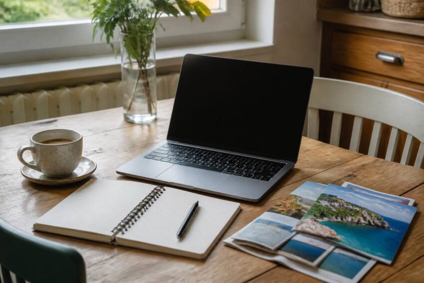Laptop en notitieboek op tafel tijdens het plannen en vergelijken van vakanties