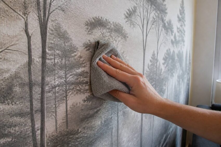 Iemand neemt fotobehang voorzichtig af met een licht vochtige microvezeldoek