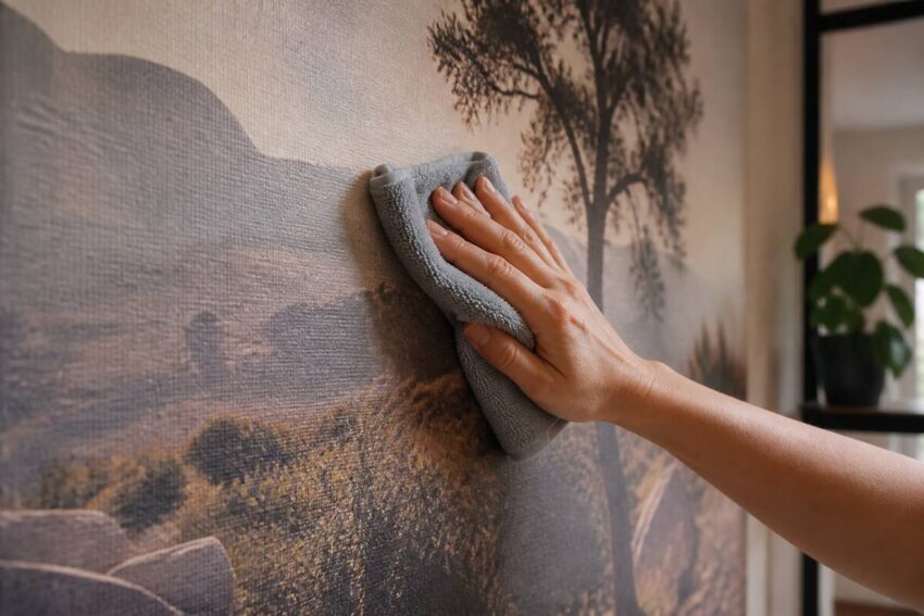 Iemand maakt fotobehang voorzichtig schoon met een zachte microvezeldoek.