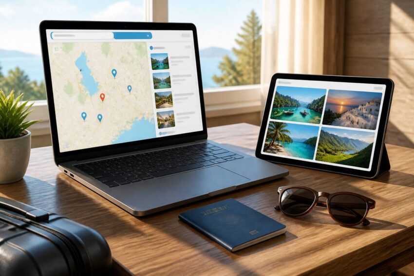Reizen en vakanties vergelijken met een laptop, paspoort en reisnotities bij een zonnig raam