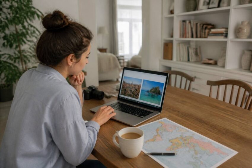 Iemand vergelijkt vakanties op een laptop met een wereldkaart op tafel