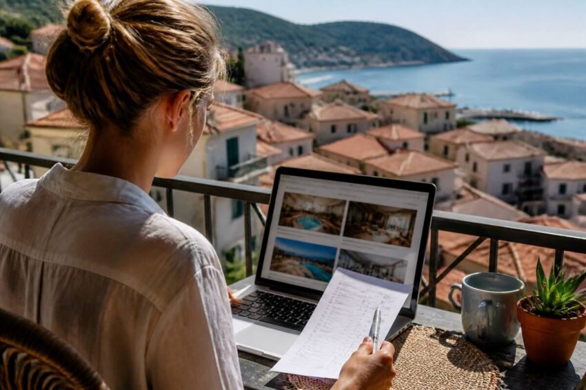 Vakanties vergelijken met laptop en checklist op een zonnig balkon