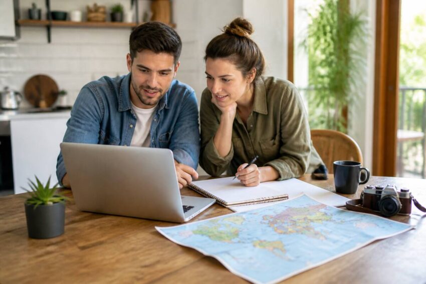 Koppel met laptop en checklist voor vakantieplannen