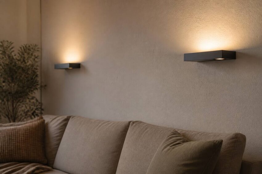 Wandlampen met warm indirect licht op een moderne muur in een woonkamer