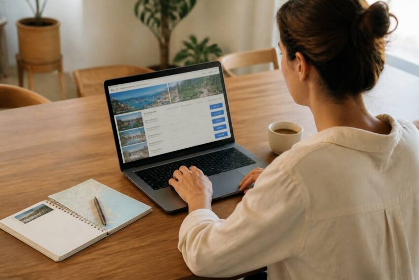 Vakantie vergelijken op een laptop met notities aan tafel
