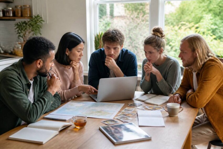 Gezelschap dat aan een keukentafel reisopties vergelijkt op een laptop en in een notitieboekje